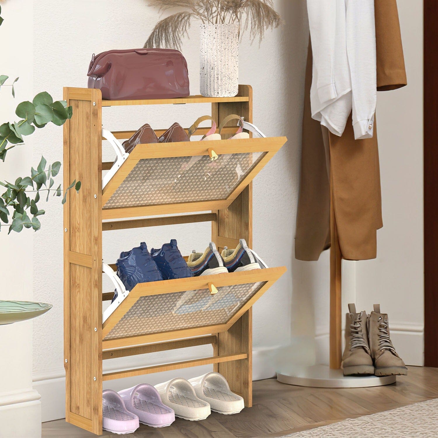 2-Tier Shoe Cabinet with 2 Flip Drawers Slim Bamboo Rack Narrow Shoe Organizer Closet & Storage - DailySale