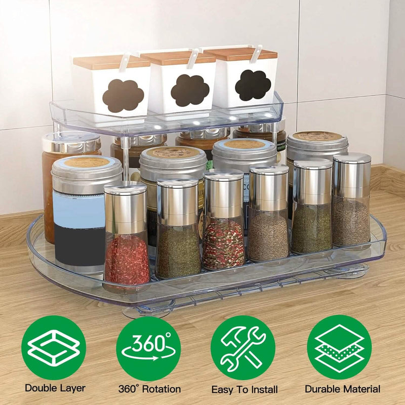 2-Tier Turntable Organizer Rectangular Refrigerator Spinner Storage Rack with 360° Rotatable Slide Rail Kitchen Storage - DailySale