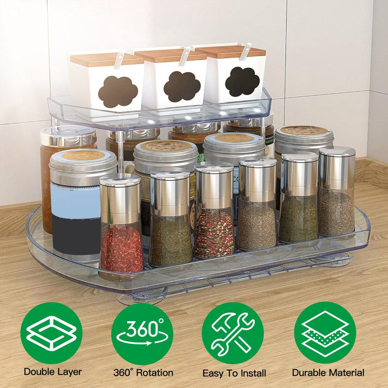 2-Tier Turntable Organizer Rectangular Refrigerator Spinner Storage Rack with 360° Rotatable Slide Rail Kitchen Storage - DailySale
