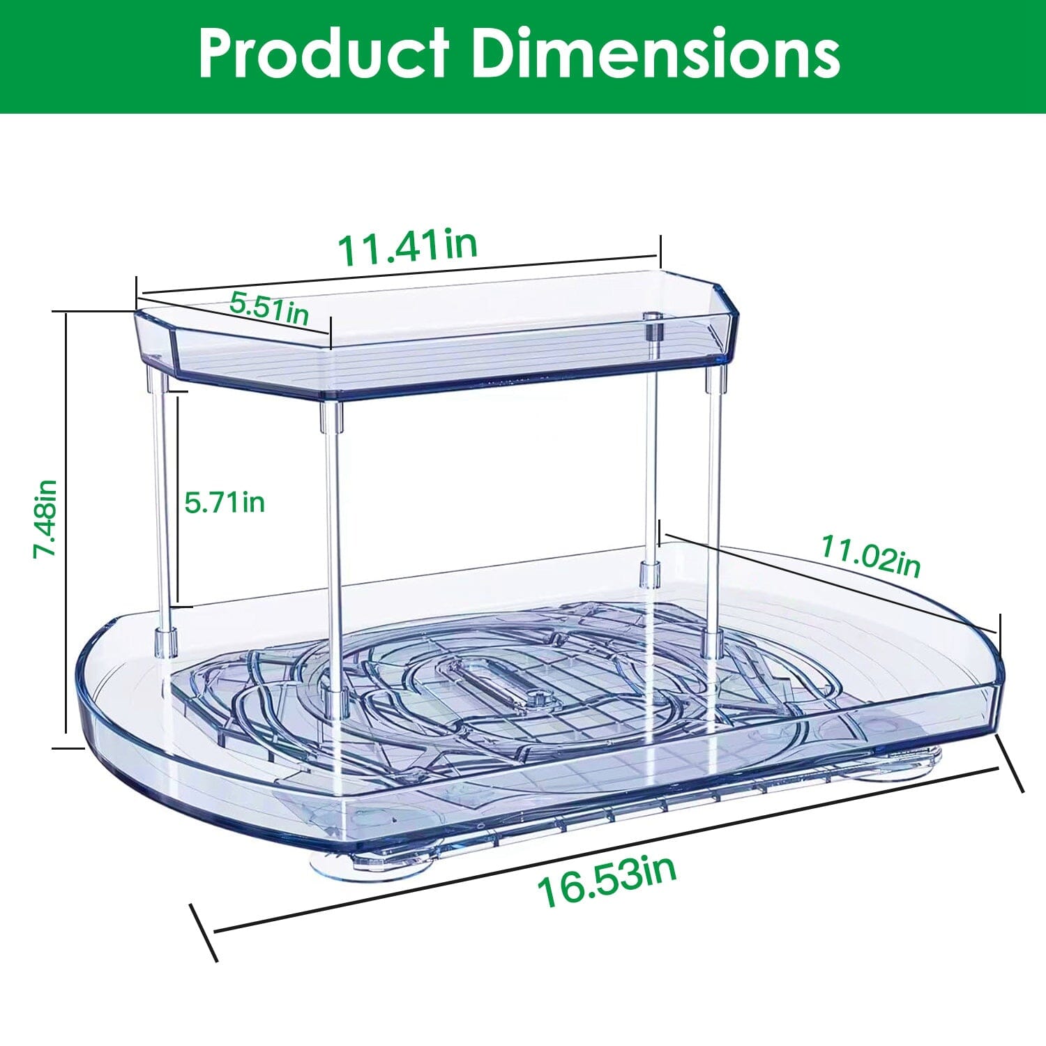 2-Tier Turntable Organizer Rectangular Refrigerator Spinner Storage Rack with 360° Rotatable Slide Rail Kitchen Storage - DailySale