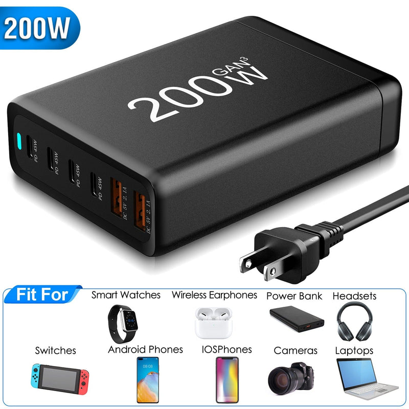200W Fast Wall Charger with 6 Charging Ports Desktop USB Charging Station Mobile Accessories - DailySale