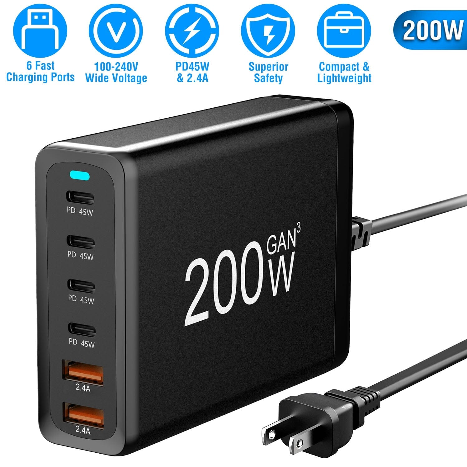 200W Fast Wall Charger with 6 Charging Ports Desktop USB Charging Station Mobile Accessories - DailySale