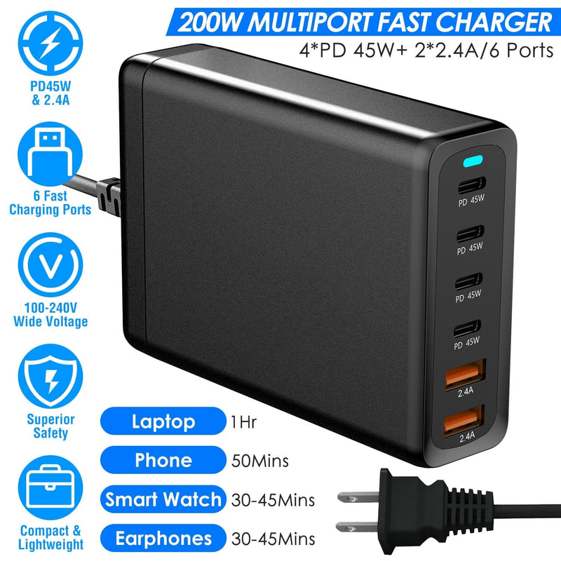 200W Fast Wall Charger with 6 Charging Ports Desktop USB Charging Station Mobile Accessories - DailySale