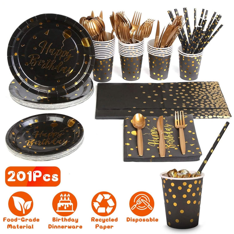 201 Pieces: Black Gold Disposable Dinnerware Set Wine & Dining - DailySale