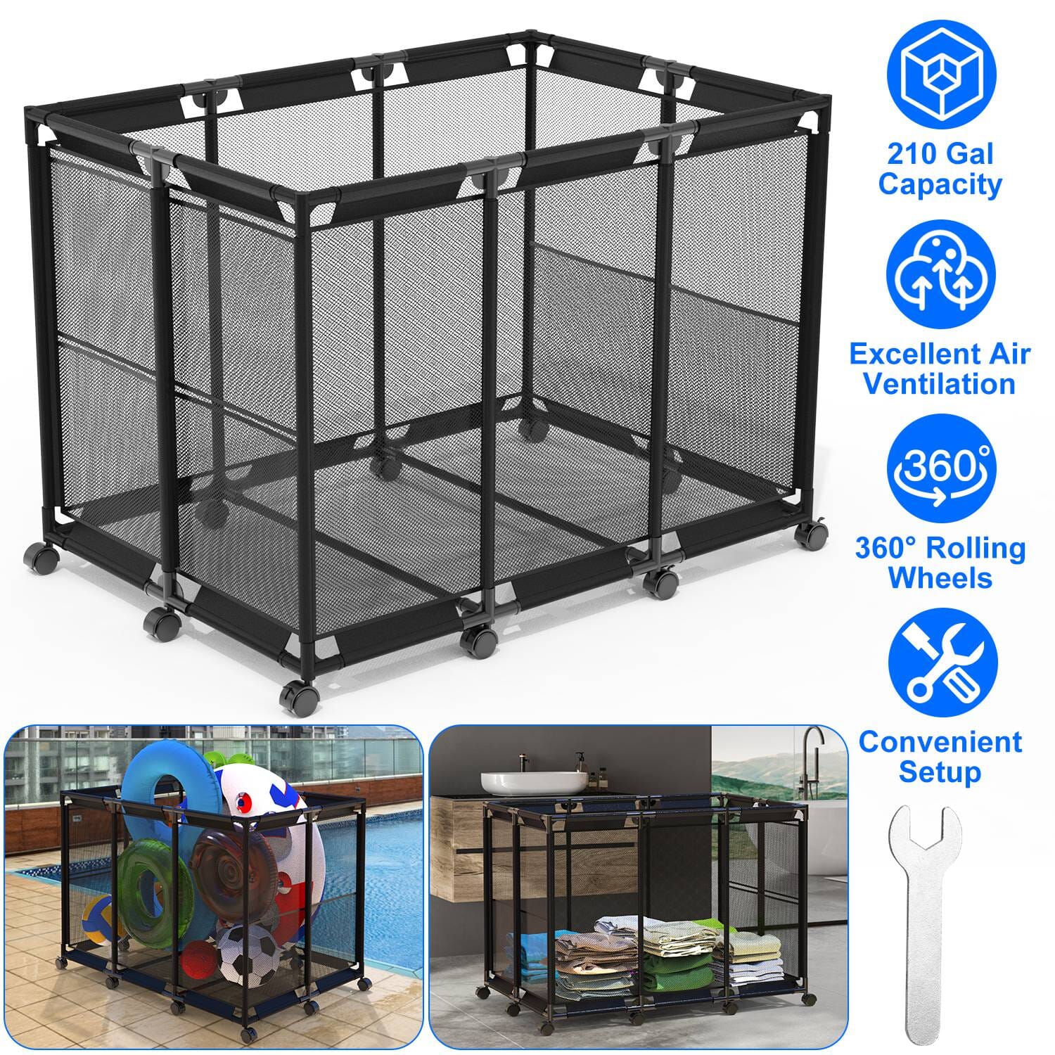 210 Gallon Pool Storage Bin Organizer Rolling Mesh Storage Basket with Lockable Wheels Closet & Storage - DailySale