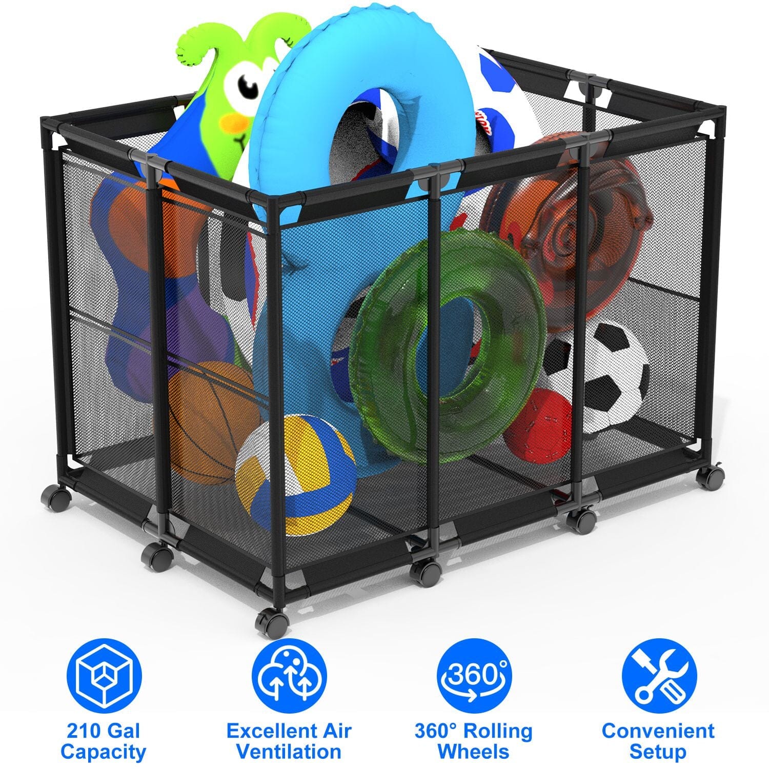 210 Gallon Pool Storage Bin Organizer Rolling Mesh Storage Basket with Lockable Wheels Closet & Storage - DailySale