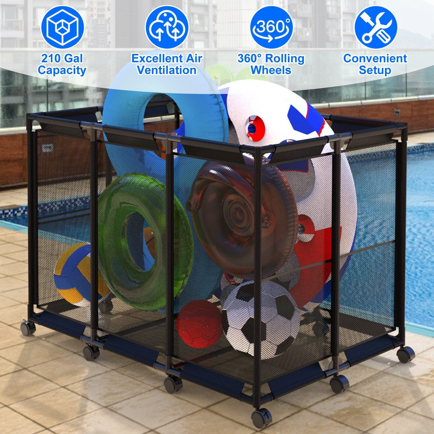 210 Gallon Pool Storage Bin Organizer Rolling Mesh Storage Basket with Lockable Wheels Closet & Storage - DailySale