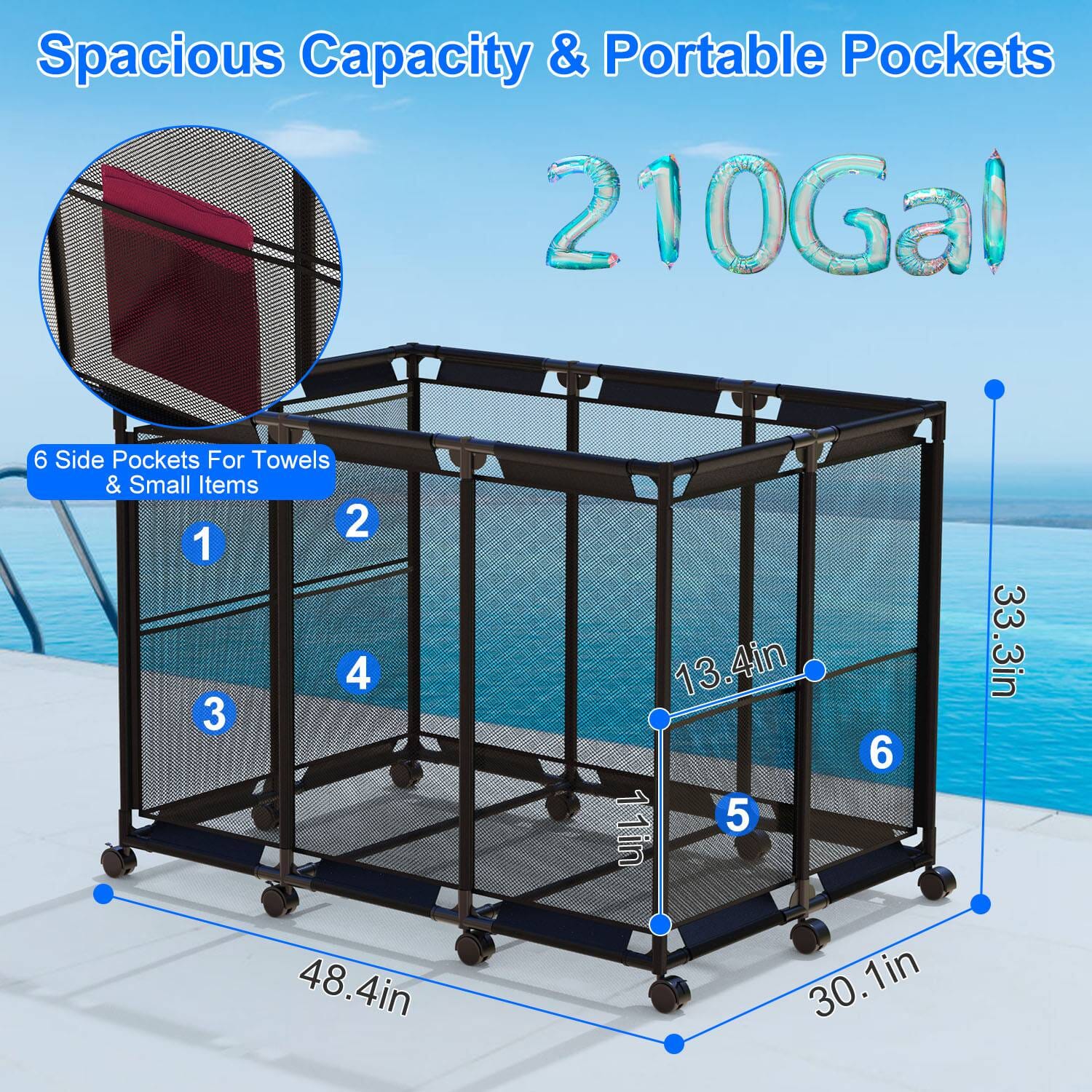 210 Gallon Pool Storage Bin Organizer Rolling Mesh Storage Basket with Lockable Wheels Closet & Storage - DailySale