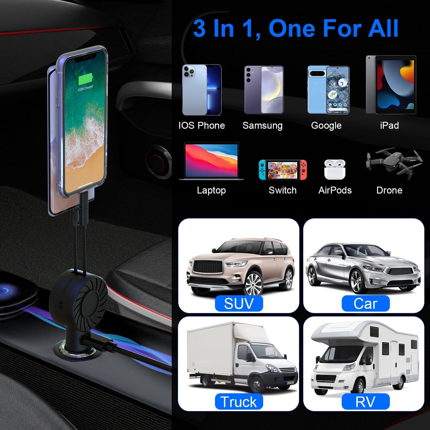 21W 3-in-1 Retractable Car Phone Charger Automotive - DailySale