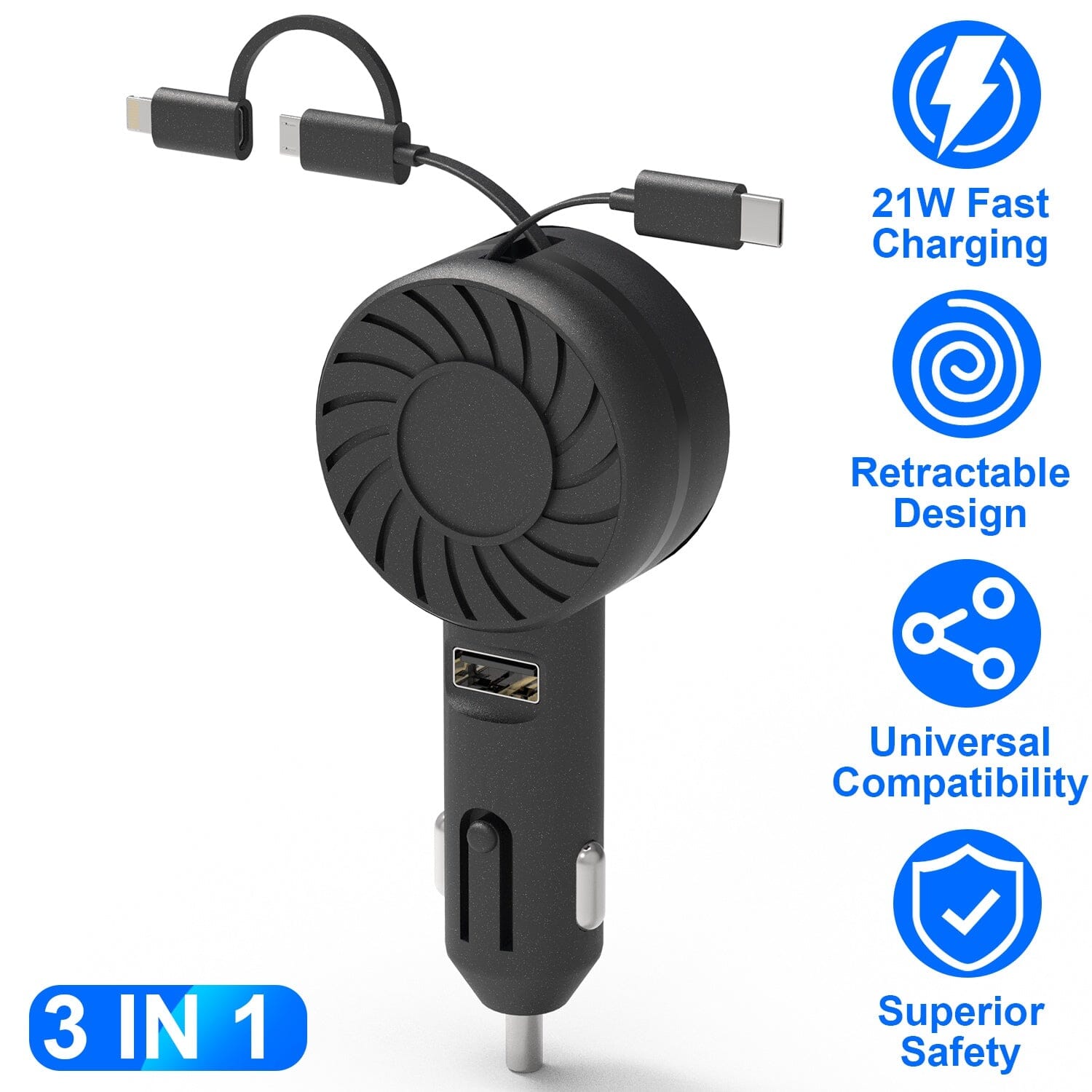 21W 3-in-1 Retractable Car Phone Charger Automotive - DailySale