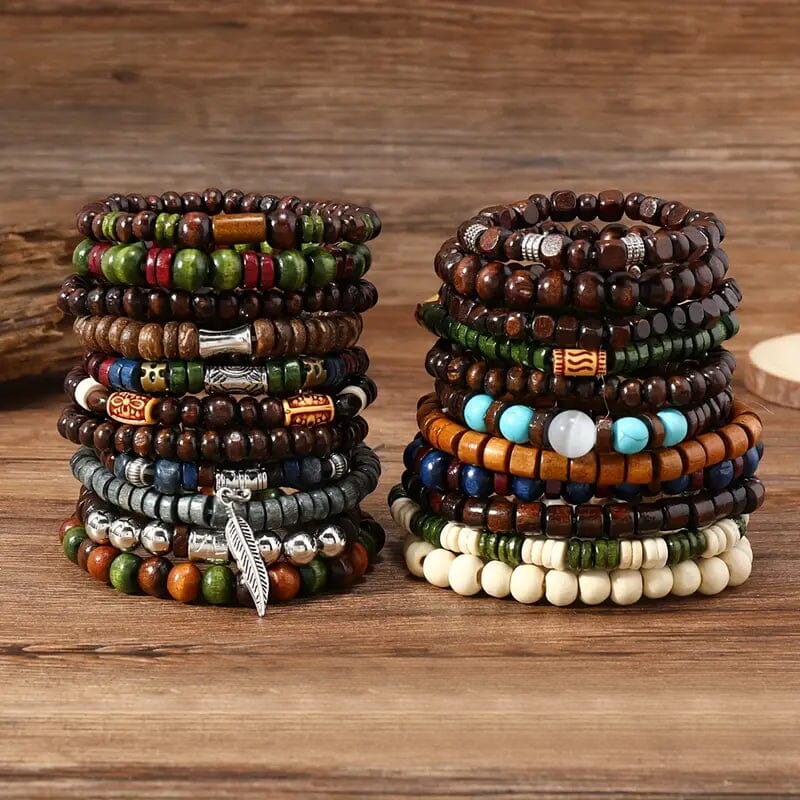 22-Pieces: Bohemian Vintage Wooden Beads Bracelet Set Bracelets - DailySale