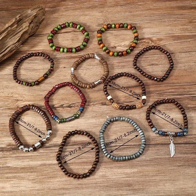 22-Pieces: Bohemian Vintage Wooden Beads Bracelet Set Bracelets - DailySale