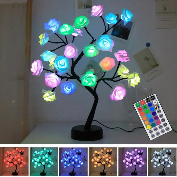 24 LED RGB 16 Colors Rose Tree Night Light Battery And USB Plug Operated Rose Flower Fairy Lights Remote Control Furniture & Decor - DailySale