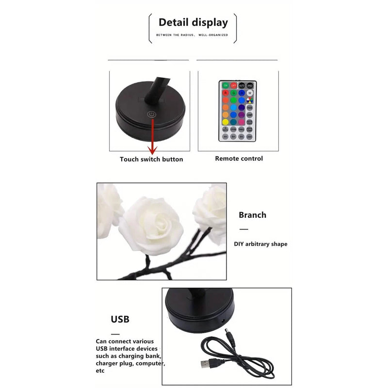 24 LED RGB 16 Colors Rose Tree Night Light Battery And USB Plug Operated Rose Flower Fairy Lights Remote Control Furniture & Decor - DailySale