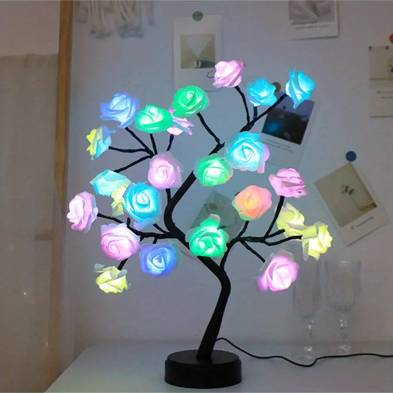 24 LED RGB 16 Colors Rose Tree Night Light Battery And USB Plug Operated Rose Flower Fairy Lights Remote Control Furniture & Decor - DailySale