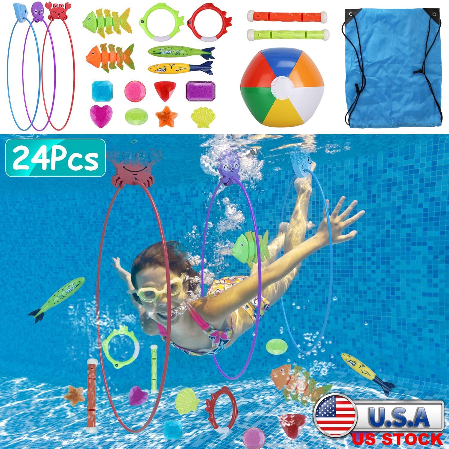 24-Pieces: Diving Toys Swimming Pool for Aged 3+ Years Old Toys & Games - DailySale