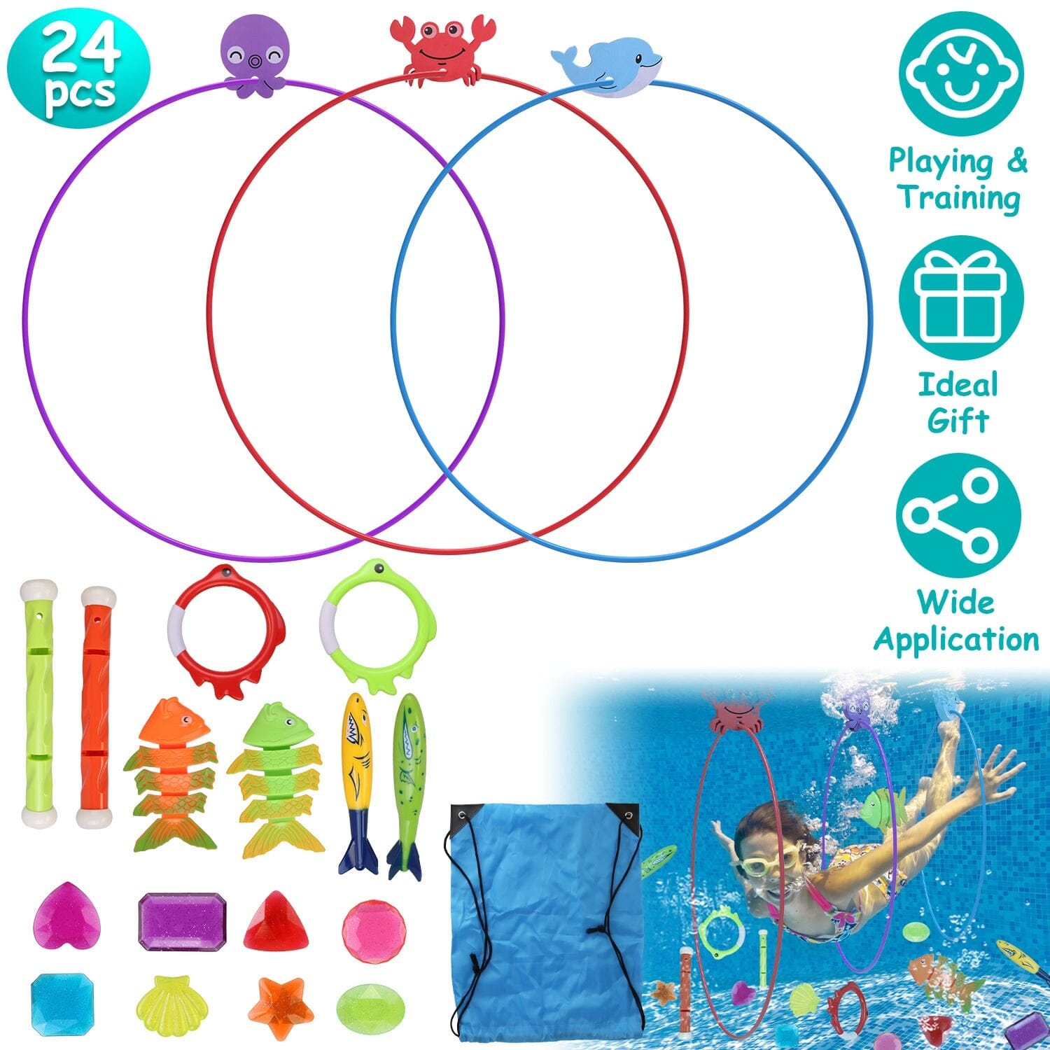 24-Pieces: Diving Toys Swimming Pool for Aged 3+ Years Old Toys & Games - DailySale