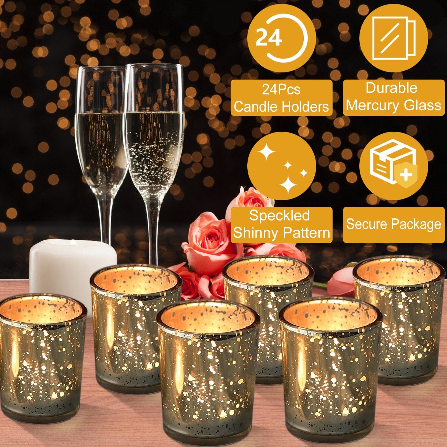 24-Pieces Gold Votive Tealights Candle Holder Mercury Glass Indoor Lighting - DailySale