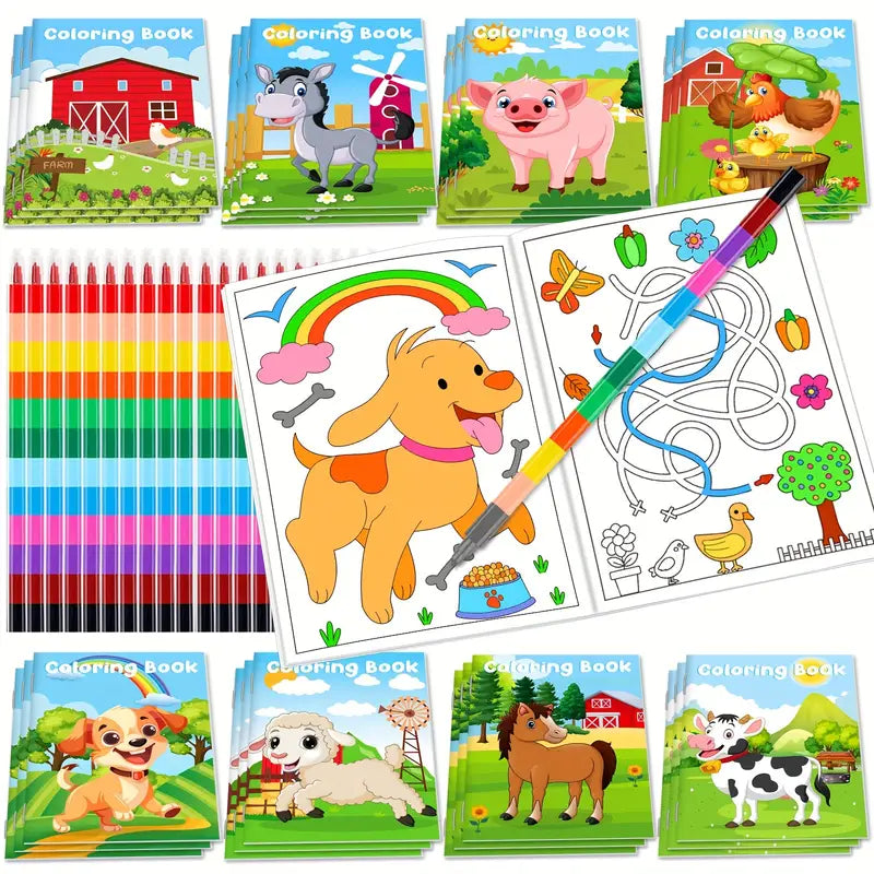 24-Pieces: Mini Coloring Books with 24 Stacking Crayons, Farm Themed Party Favors Arts & Crafts - DailySale