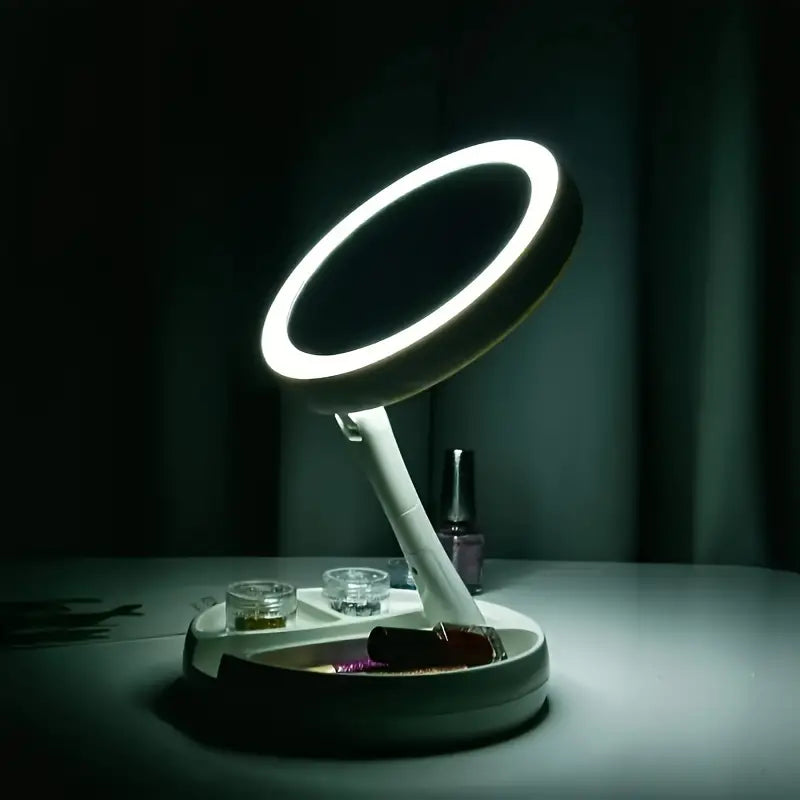 Foldable LED Vanity Mirror With Storage Box, Double-sided 1X & 10X Magnifying Retractable Mirror