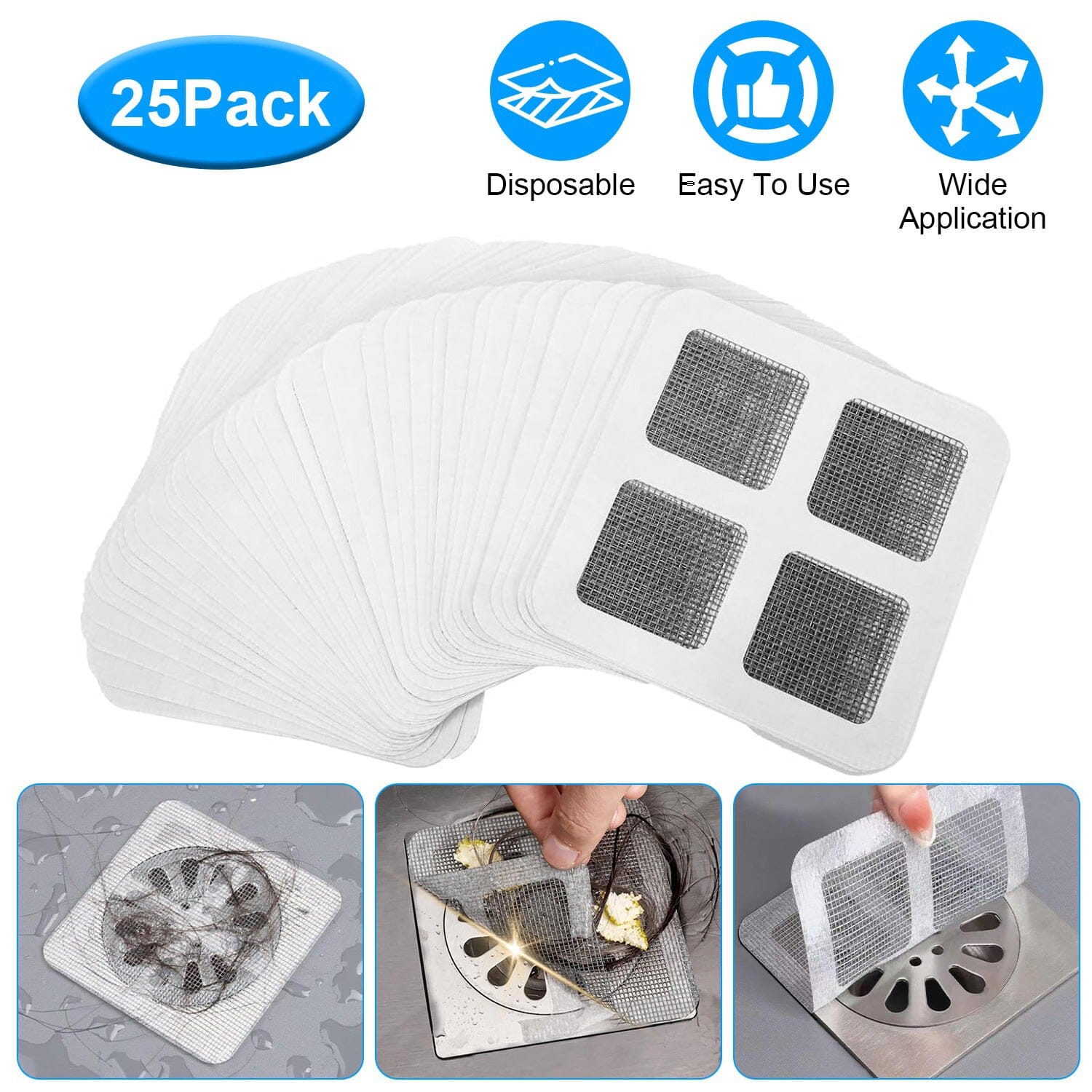 25-Pack: 3.94 x 3.94" Disposable Floor Drain Sticker Hair Catcher Bath - DailySale