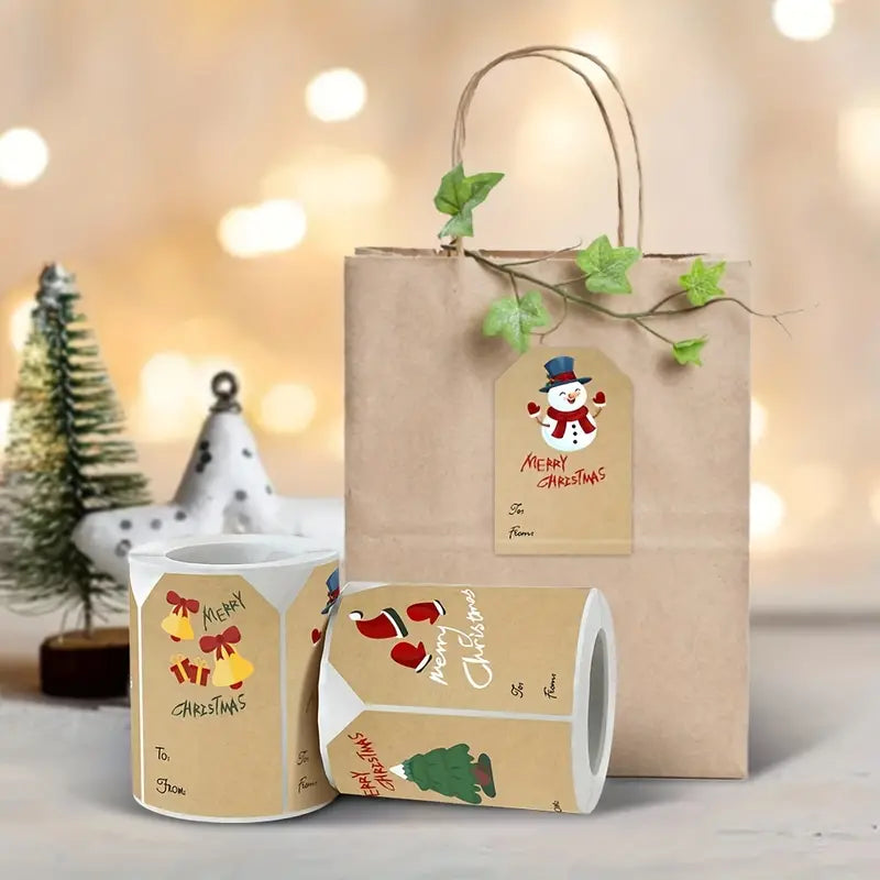 250 Pieces/Roll Christmas Stickers - 2x3 Kraft Paper Tree Socks Snowman Elk Merry Christmas Holiday Decor & Apparel - DailySale