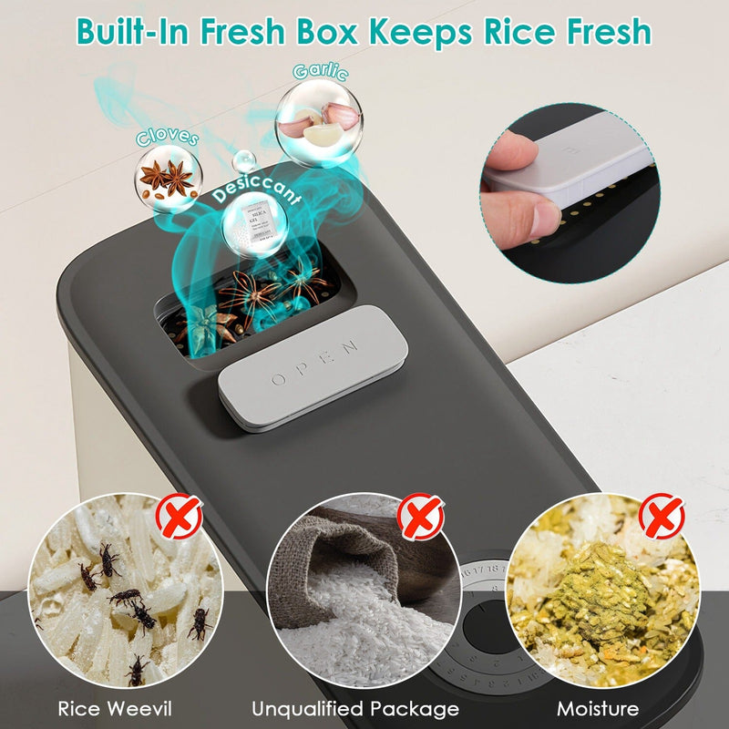 25LBS Vertical Rice Dispenser With Dustproof Lid Large Capacity Grain Storage Container With Measuring Cup Built-In Kitchen Storage - DailySale