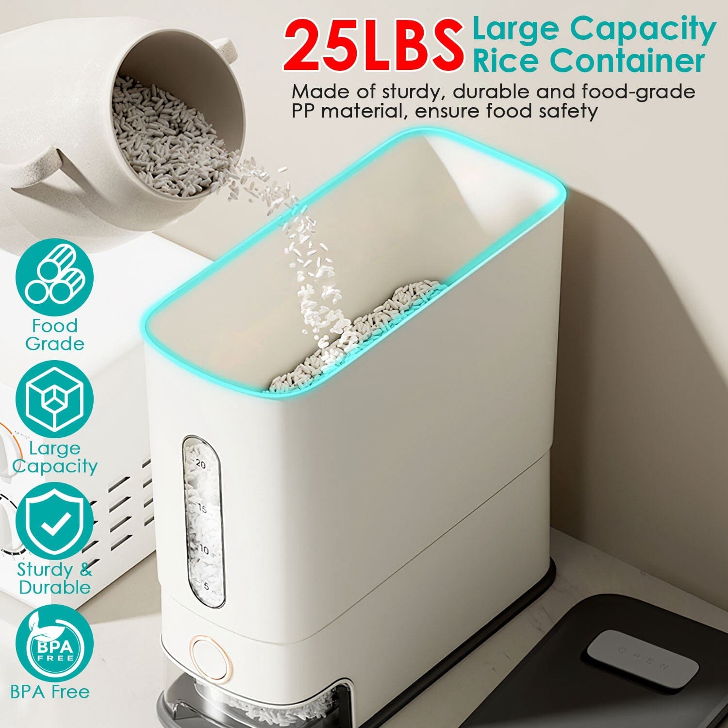 25LBS Vertical Rice Dispenser With Dustproof Lid Large Capacity Grain Storage Container With Measuring Cup Built-In Kitchen Storage - DailySale