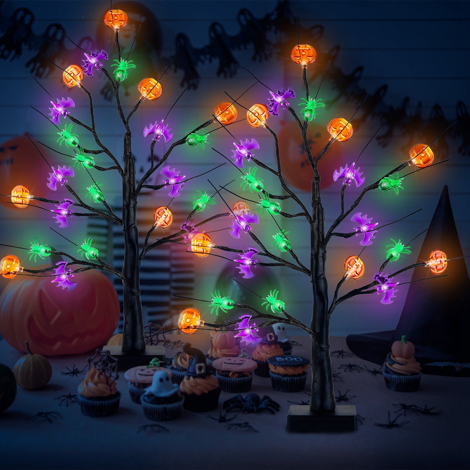 2-Pack: Lighted Halloween Trees with Timer and Adjustable Twigs