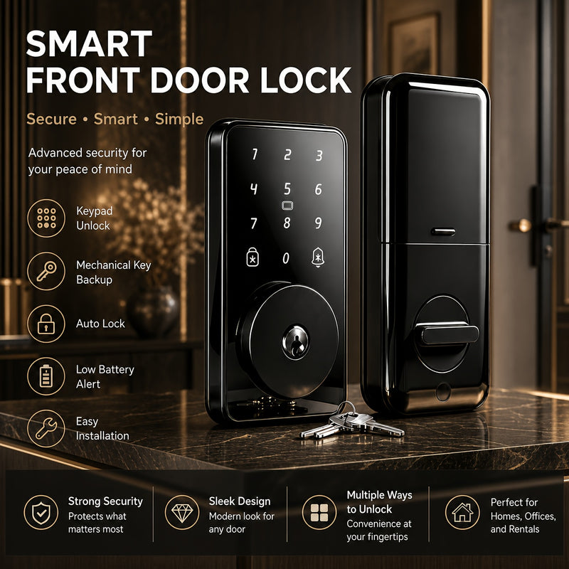 Black keyless entry keypad deadbolt lock, front and back