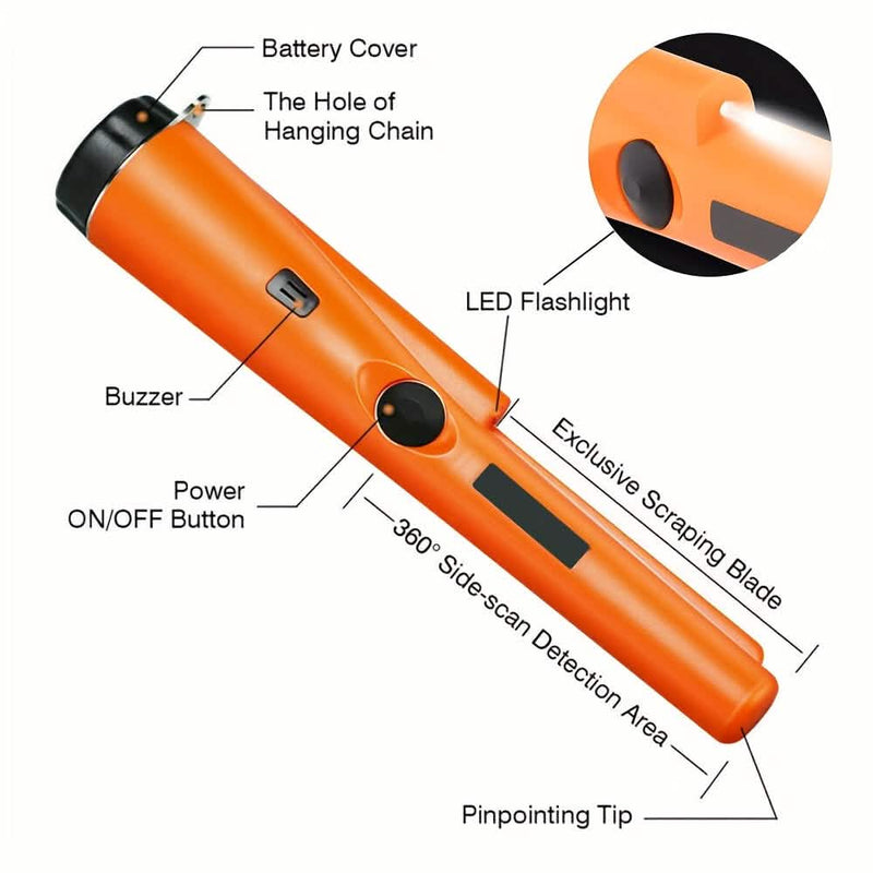 360° Pinpointer Metal Detector with LED, Vibration & Holster (Orange)
