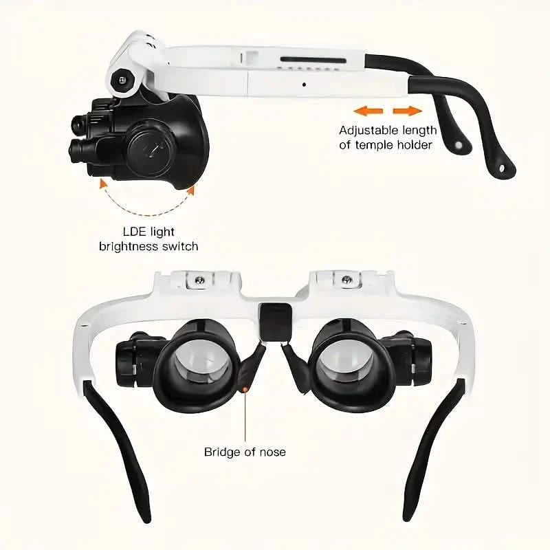 2-LED Head-Mounted Magnifier Glasses – 8x/15x/23x with Repair Light