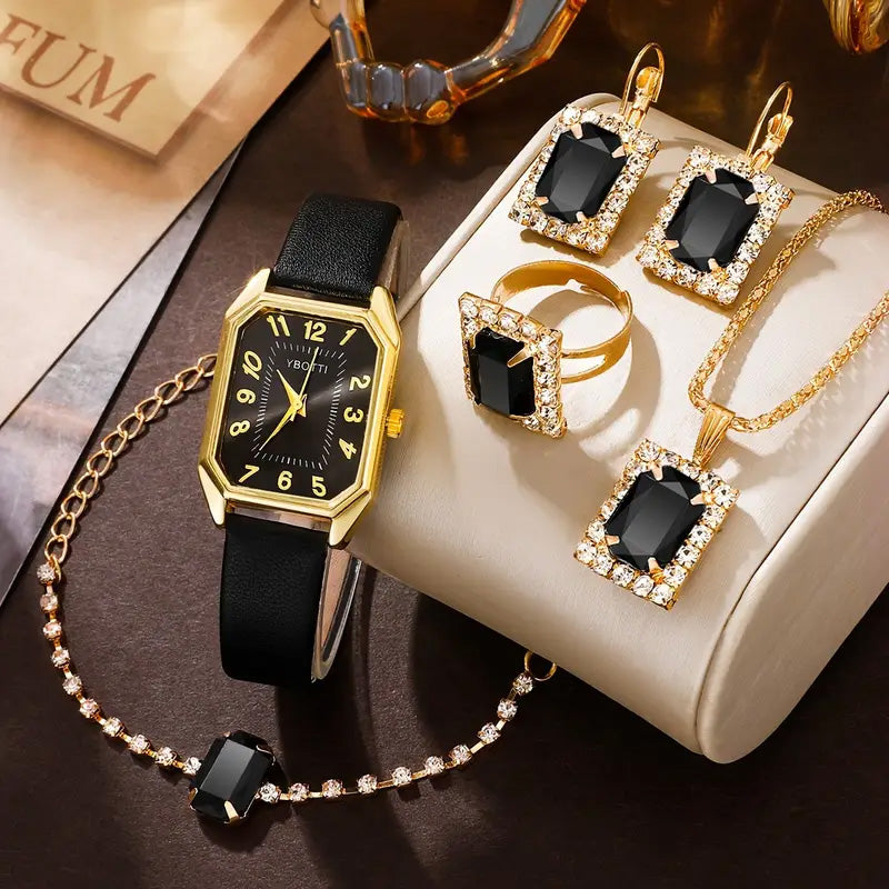 Women's Leather Wrist Watch, Earrings, Bracelet, Necklace and Ring Jewelry Set