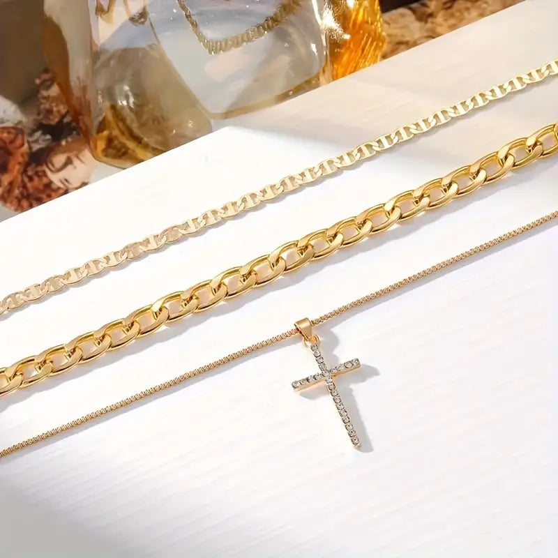 3-Piece: Women's Retro Luxury Artificial Crystal Cross Stackable Necklace Set