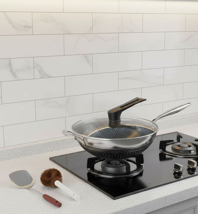13.3″ Stainless Steel Wok Pan with Lid & Spatula – Nonstick – All Cooktops