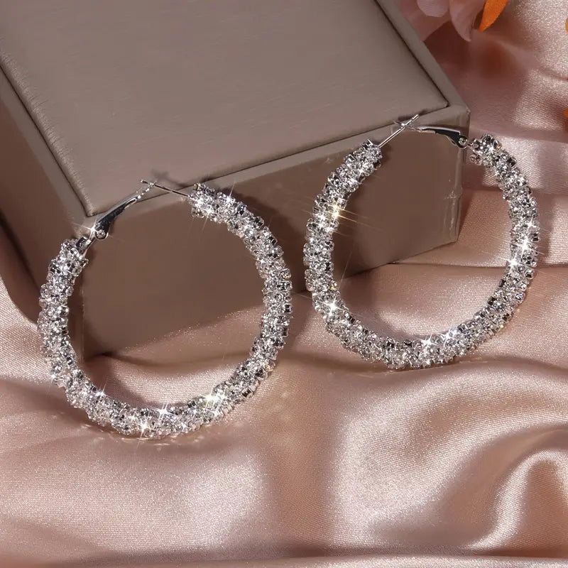 Large Full Rhinestone Silver Plated Hoop Earrings