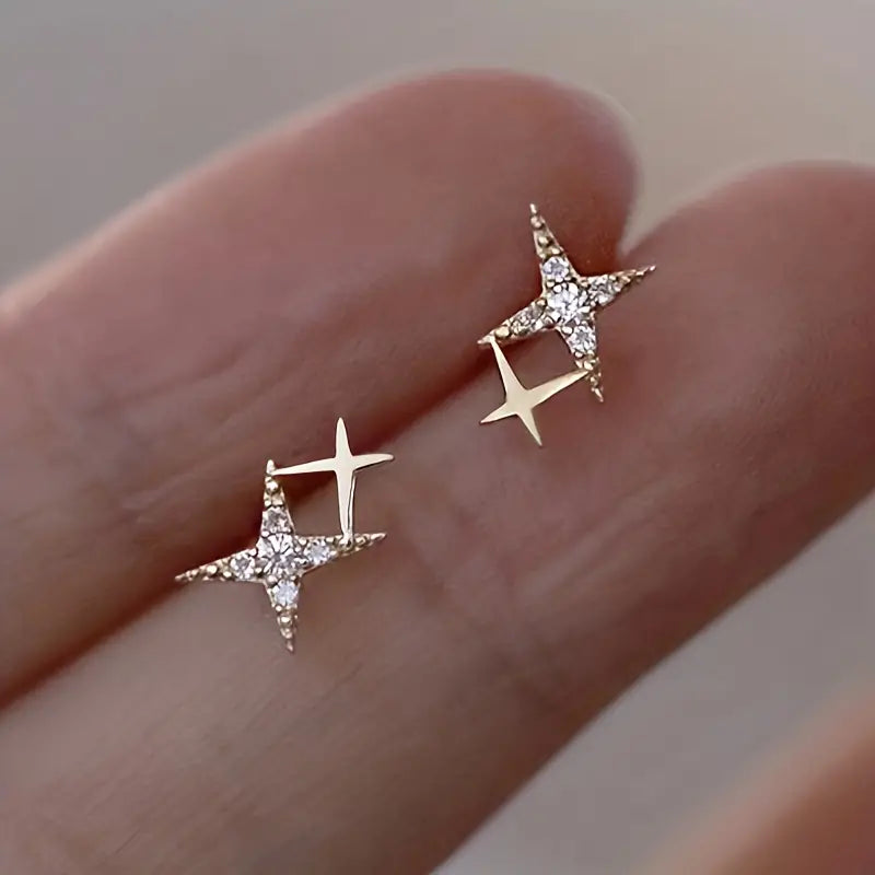 Double Star Design Stud Earrings Inlaid Zirconia