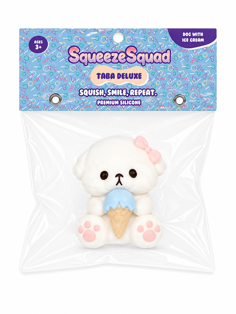 SqueezeSquad Taba Deluxe Squishy Dog with Ice Cream | Premium Silicone Fidget Toy