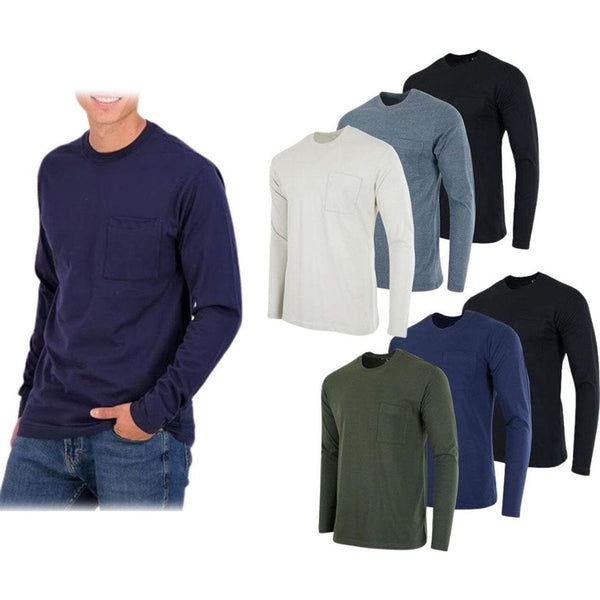 3-Pack: Men's Cotton Long Sleeve T-Shirt with Chest Pocket Men's Tops - DailySale