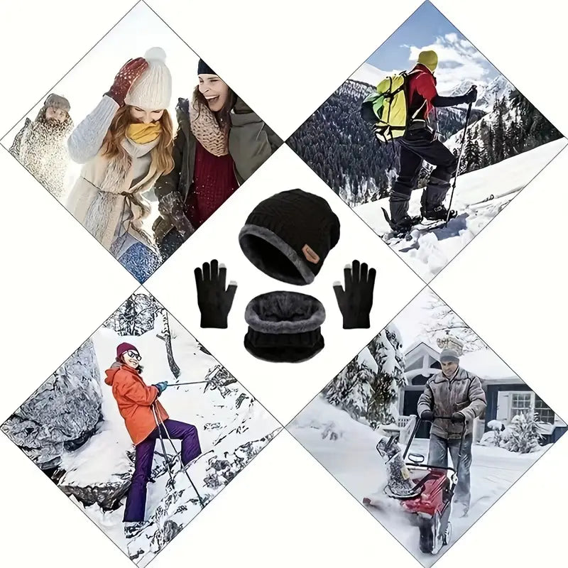 3-Piece Set: Black Knit Hats Warm Beanies Winter Neck Gaiter Elastic Gloves Sports & Outdoors - DailySale