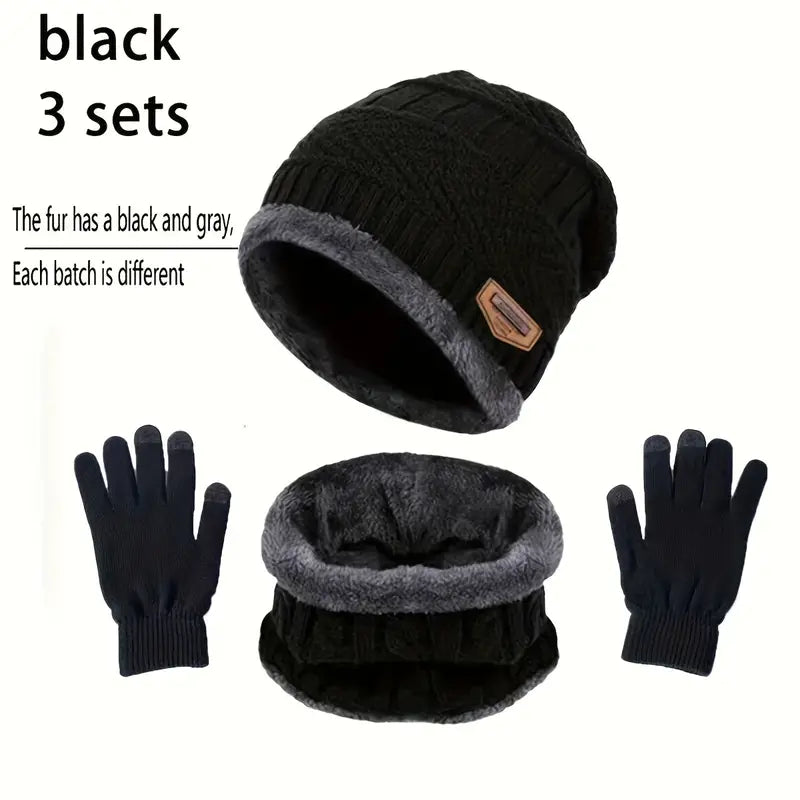 3-Piece Set: Black Knit Hats Warm Beanies Winter Neck Gaiter Elastic Gloves Sports & Outdoors - DailySale