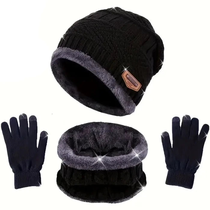 3-Piece Set: Black Knit Hats Warm Beanies Winter Neck Gaiter Elastic Gloves Sports & Outdoors - DailySale