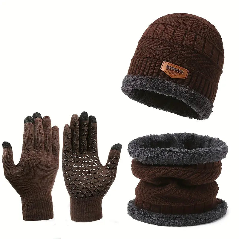 3-Piece Set: Infinity Scarf Autumn Winter, Thickened Warm Knit Beanie and Touchscreen Gloves Neck Gaiter Men's Shoes & Accessories Brown - DailySale