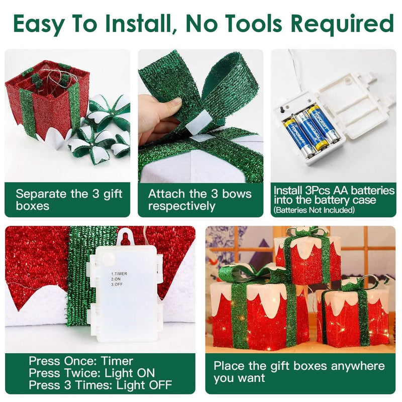 3-Piece Set: Lighted Gift Boxes Christmas Decoration IP44 with 3 Bows Timer 60 LED Holiday Decor & Apparel - DailySale