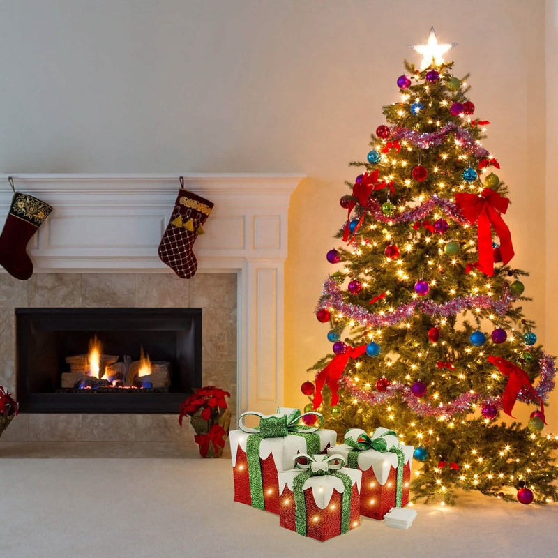 3-Piece Set: Lighted Gift Boxes Christmas Decoration IP44 with 3 Bows Timer 60 LED Holiday Decor & Apparel - DailySale