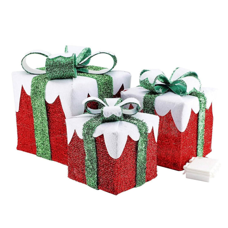 3-Piece Set: Lighted Gift Boxes Christmas Decoration IP44 with 3 Bows Timer 60 LED Holiday Decor & Apparel - DailySale