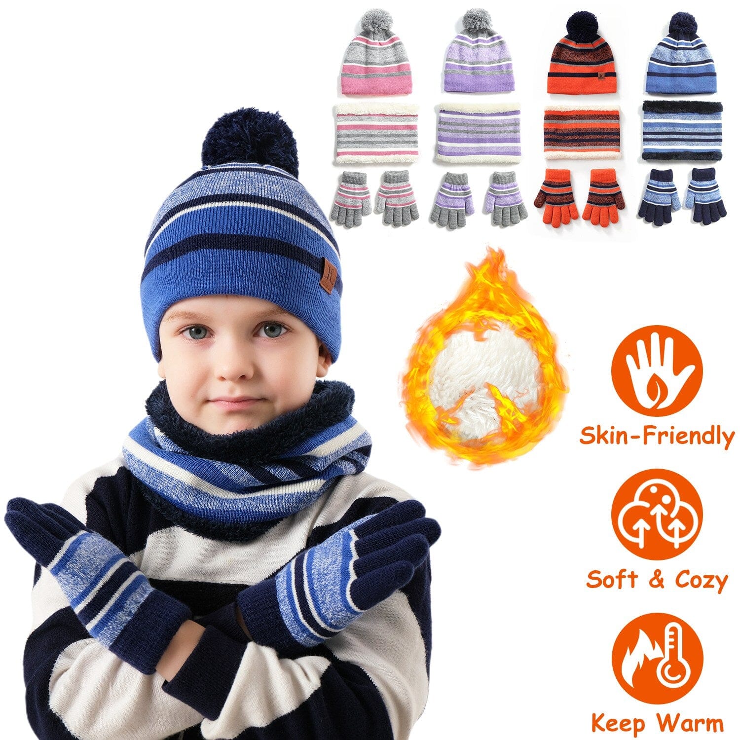 3-Piece Set: Winter Kids Knitted Warm Beanie Hat and Glove for 4-7 Years Old Kids' Clothing - DailySale