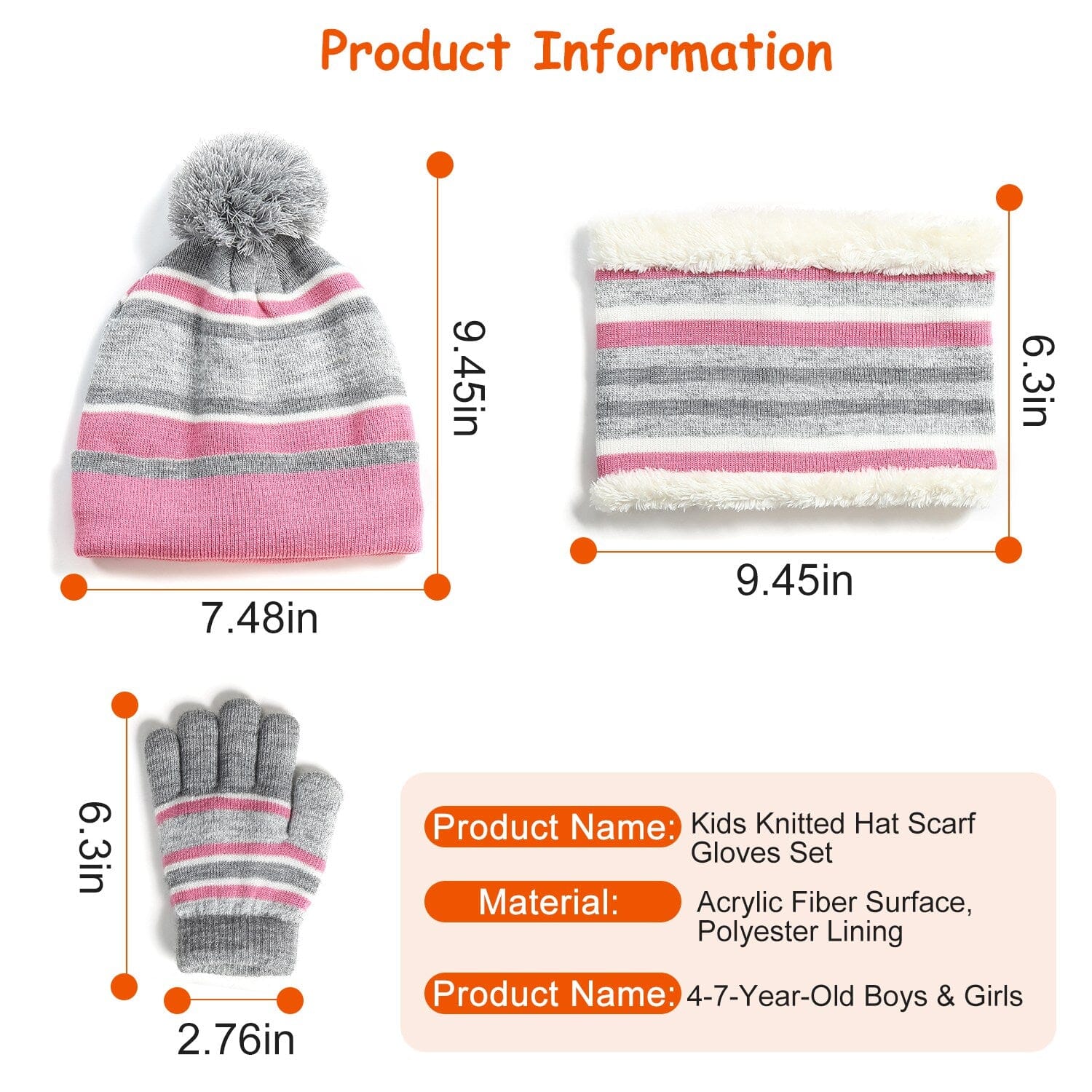 3-Piece Set: Winter Kids Knitted Warm Beanie Hat and Glove for 4-7 Years Old Kids' Clothing - DailySale