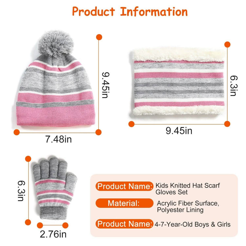 3-Piece Set: Winter Kids Knitted Warm Beanie Hat and Glove for 4-7 Years Old Kids' Clothing - DailySale