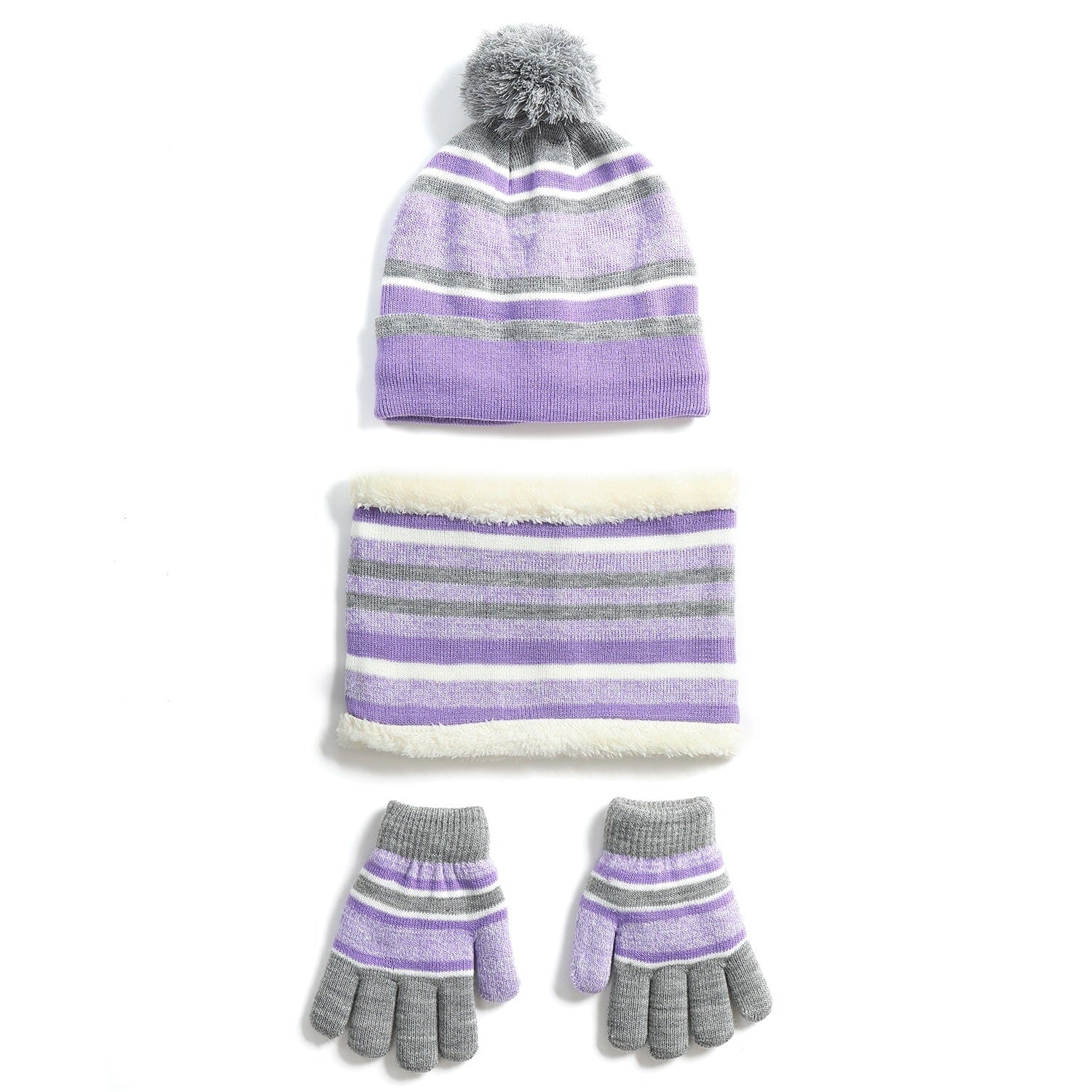 3-Piece Set: Winter Kids Knitted Warm Beanie Hat and Glove for 4-7 Years Old Kids' Clothing Purple - DailySale